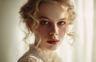 Fototapeta premium Blonde model with curly hair and red lipstick posing near a window