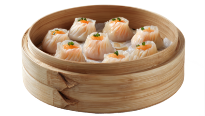 Authentic steamed dim sum dumplings, a traditional Chinese appetizer, served hot in a classic bamboo steamer basket.