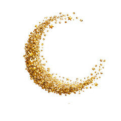 Sparkling golden crescent moon made of tiny particles isolated on transparent background