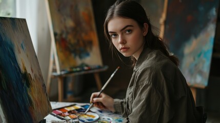 Fototapeta premium Creative passion: a young artist immersed in her world of colorful expression