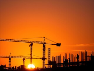 High-Resolution Silhouette of Construction Site at Sunset with Cranes, Workers, and Steel Structures – Warm Orange and Purple Sky (AI Generated)