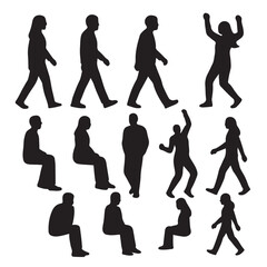 Set people outlines isolated on white background. Sitting, walking, dancing, etc. vector silhouette