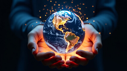 Hands cradle a glowing, digital style Earth, surrounded by floating orange sparks.