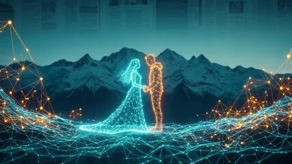 A digital representation of a couple holding hands surrounded by a network of glowing lines and mountains in the background symbolizing connection and love in a futuristic setting - Powered by Adobe