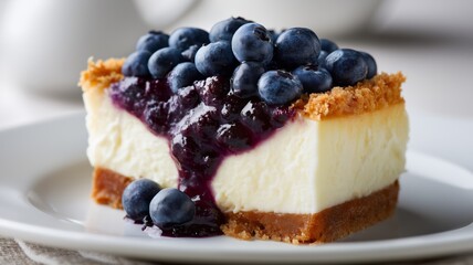 Creamy cheesecake layered with blueberry sauce, decorated with fresh blueberries, on a simple plate.