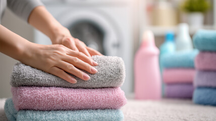 日本人女性が洗剤と共にタオルを洗濯機に入れる場面