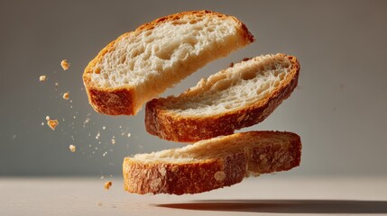 Slices of bread floating in mid-air with crumbs scattered around in an artistic presentation