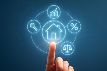 Obraz premium Digital real estate technology and investment concepts with glowing icons