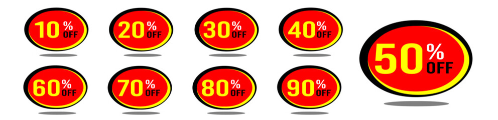10% off 20% off 30% off 40% off 50% off 60% off 70% off 80% off 90% off ten twenty thirty forty fifty sixty seventy eighty ninety percent off, retail discount, promotion, sale, percentage, set.	