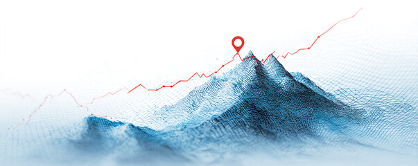 A graph with an upward trend on a white background, a red line going up in a blue mesh style,