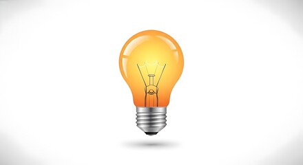 A bright orange light bulb with a silver base is glowing on a white background with a soft shadow