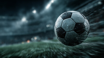 Wet soccer ball speeds across rainy field under stadium lights