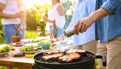 Summer BBQ Smoke Charcoal Family Time Concept. Outdoor barbecue with friends enjoying food and drinks.