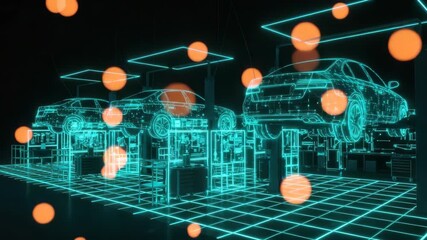 Futuristic automotive workshop showcasing holographic car models being serviced with a high-tech environment and digital interfaces in the background - Powered by Adobe