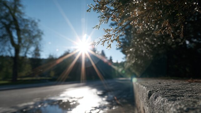 A vibrant sunset illuminates a serene forest road, casting long shadows under a clear blue sky