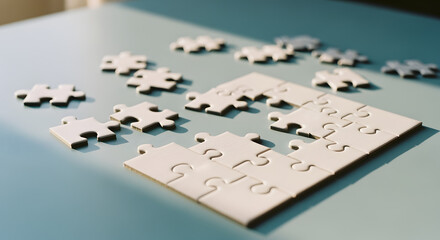White Puzzle Pieces on Light Blue Surface in Assembly Process