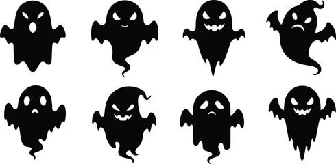 a collection of eight black silhouette ghosts with various spooky and expressive faces on a white background