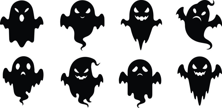 a collection of eight black silhouette ghosts with various spooky and expressive faces on a white background