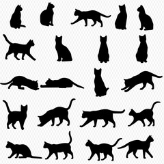 Collection of black cat silhouettes in various playful poses.