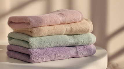 パステルカラーのタオルが整然と積まれる