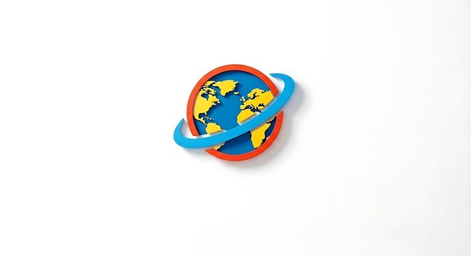 A colorful globe with a blue ring and a red circle on a white background in a studio setting