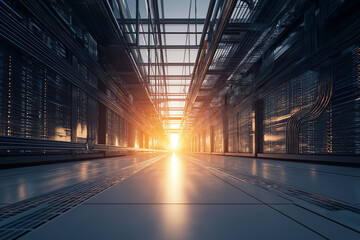 modern storey data centre buildings with sunset