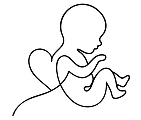 One-line drawing of a baby with heart symbol. motherhood, pregnancy, prenatal love, infant care, and maternal connection