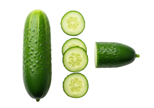 Whole vibrant green cucumber and four translucent sliced pieces, pale green flesh, tiny clear seeds, on a transparent seamless studio background with soft shadowless lighting, top-down flat lay