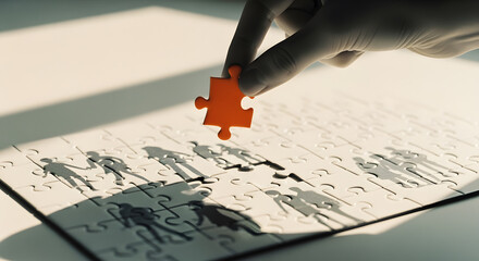 Hand Placing Orange Puzzle Piece on White Puzzle with Shadow in Bright Light