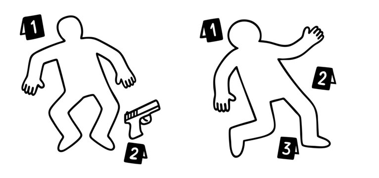 crime scene outlines of two bodies on the floor with numbered evidence markers and a handgun. simplified forensic silhouettes referencing detective stories, murder investigations, humorous true crime 