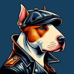 Obraz premium Bull Terrier in a leather cap in iconic pop art vector style