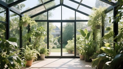 Sunlit Greenhouse with Lush Plants and Glass Walls