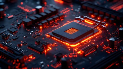 An intricate close up reveals a modern CPU microchip with glowing red illumination showcasing advanced technology and complex circuitry on a dark surface.