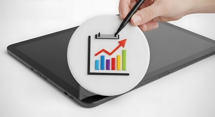 Hand holding pen over chart on clipboard icon on tablet display on white surface in studio shot