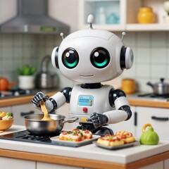 Cute robot cooking food in modern kitchen with playful expression  