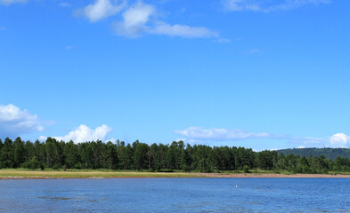 Beautiful summer landscape of Bratsk reservoir with clear sky and densely wooded shore
