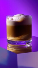 Frothy espresso in glass against vibrant purple backdrop