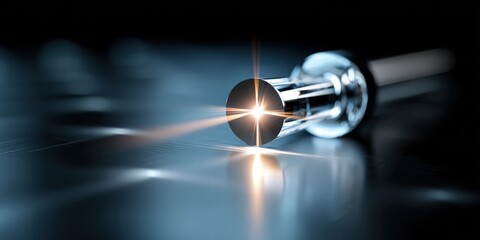 Close-up shot of a metallic pen tip with a bright light effect, highlighting the pen and a surface 