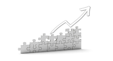 Fototapeta premium White puzzle pieces forming an upward trending graph with a sketched arrow image