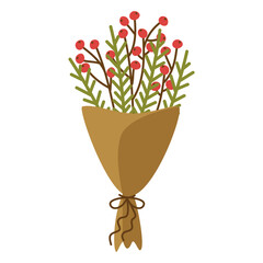 Bouquet of fir green twigs and red ripe berries.