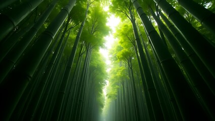 A stunning frog-eye view of a lush green bamboo forest, where towering stalks stretch to the sky and sunlight filters through dense foliage.