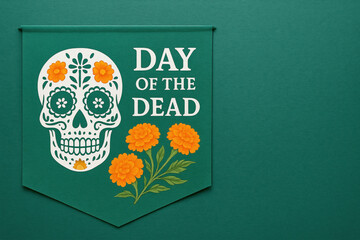 day of the dead celebration banner featuring decorated sugar skull and marigold flowers on green background symbolizing mexican tradition and remembrance