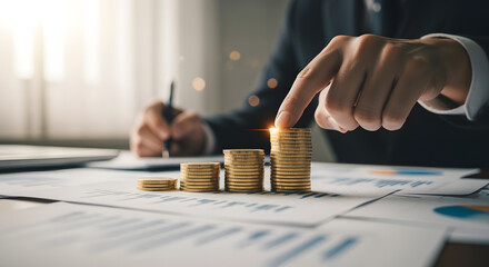 Businessman Hand Stacking Coins on Financial Documents in Office