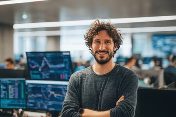 young fintech engineer smiling into the camera in a modern financial technology office, large monitors with charts and code in the background, 16:9