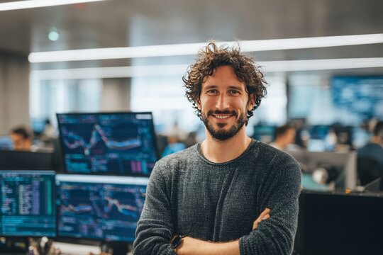 young fintech engineer smiling into the camera in a modern financial technology office, large monitors with charts and code in the background, 16:9