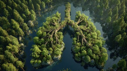 Aerial view of lush forest shaped like lungs surrounded by water