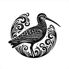 Black and white illustration of a curlew bird with decorative swirls