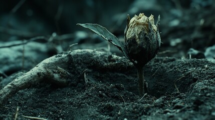 Fototapeta premium Faded flower bud in desolate soil