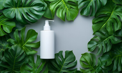 A white cosmetic pump bottle mockup on a gray background, framed by lush green Monstera leaves.