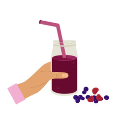 Smoothie in hand. Cocktail in a glass with whipped berries.